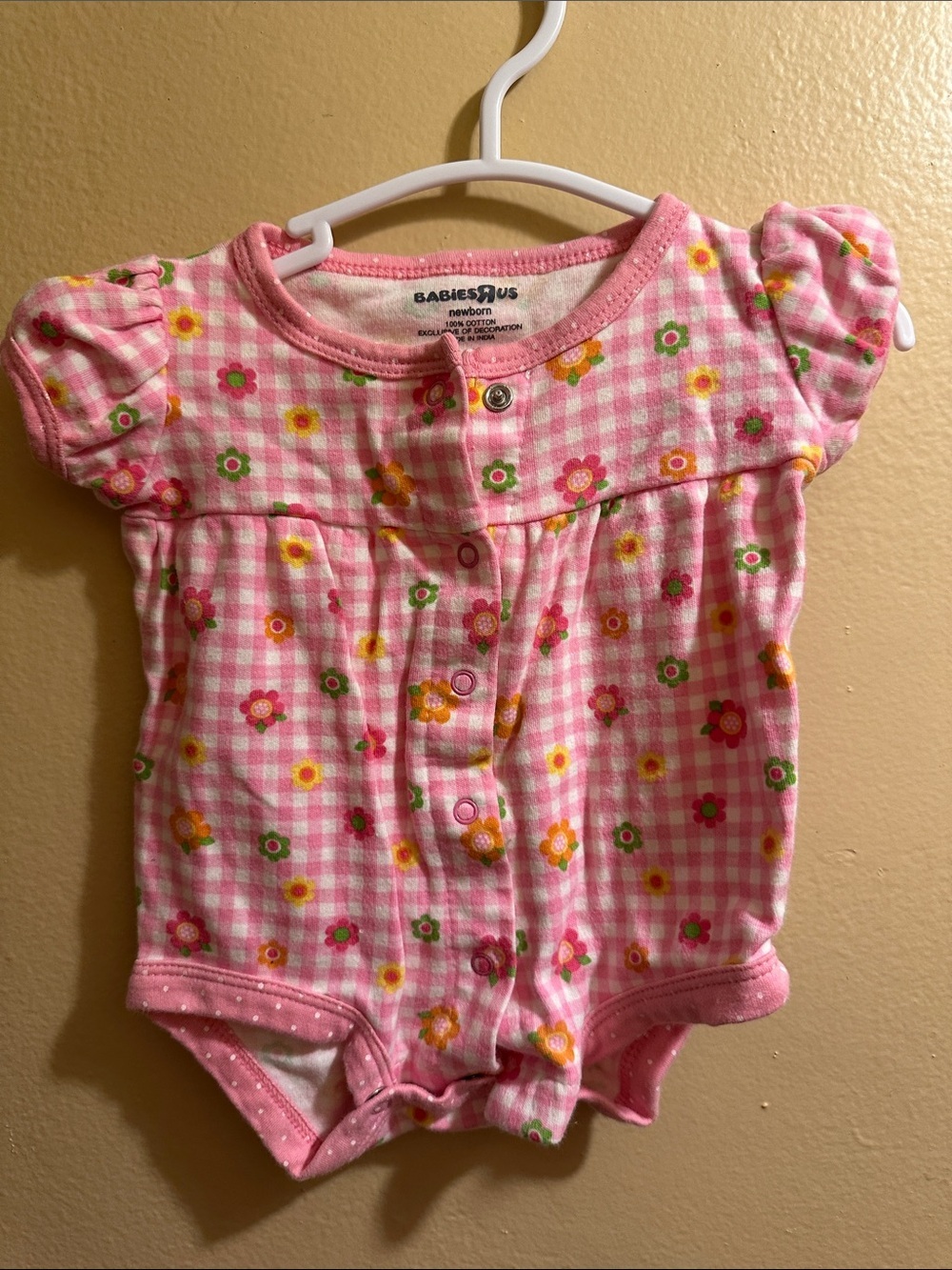 Babies"R"Us Pink Floral Gingham Newborn Romper